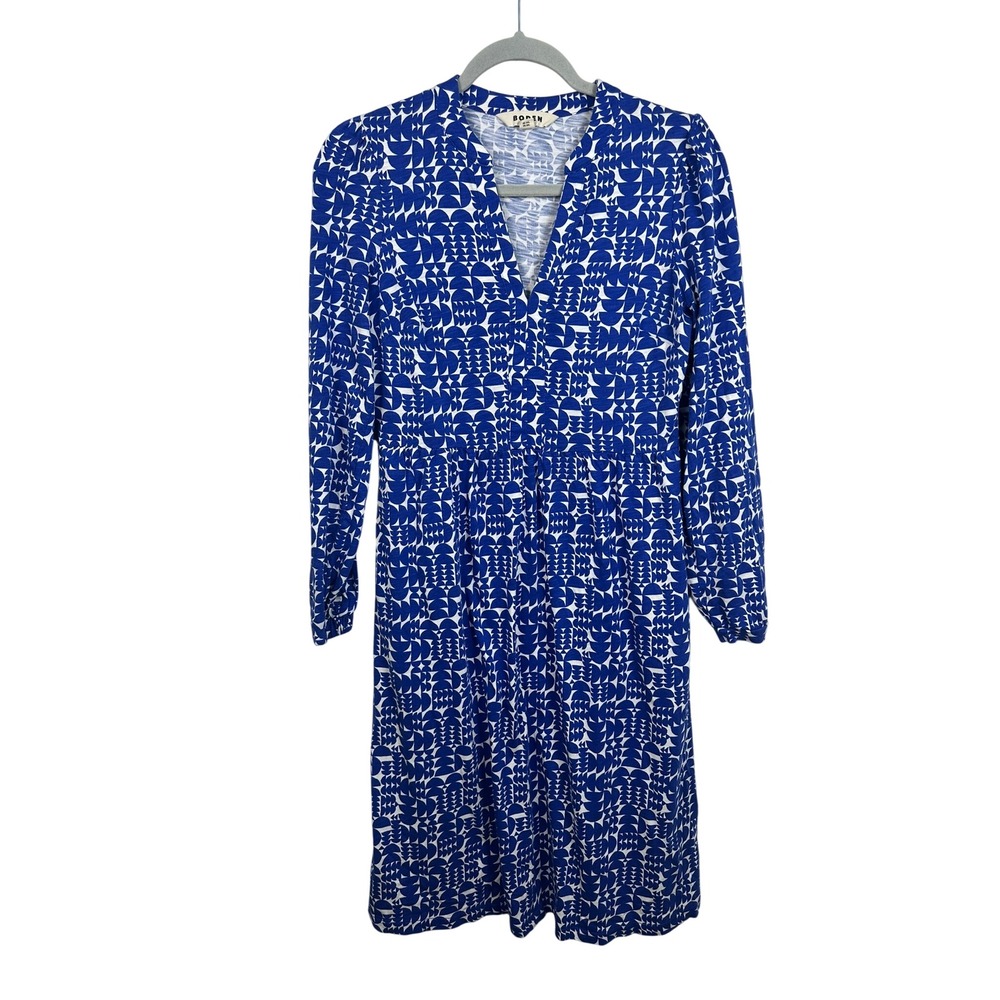 Boden Jersey Dress Women 4L Blue Excellent Geometric V-Neck Long‎ Sleeve Pockets